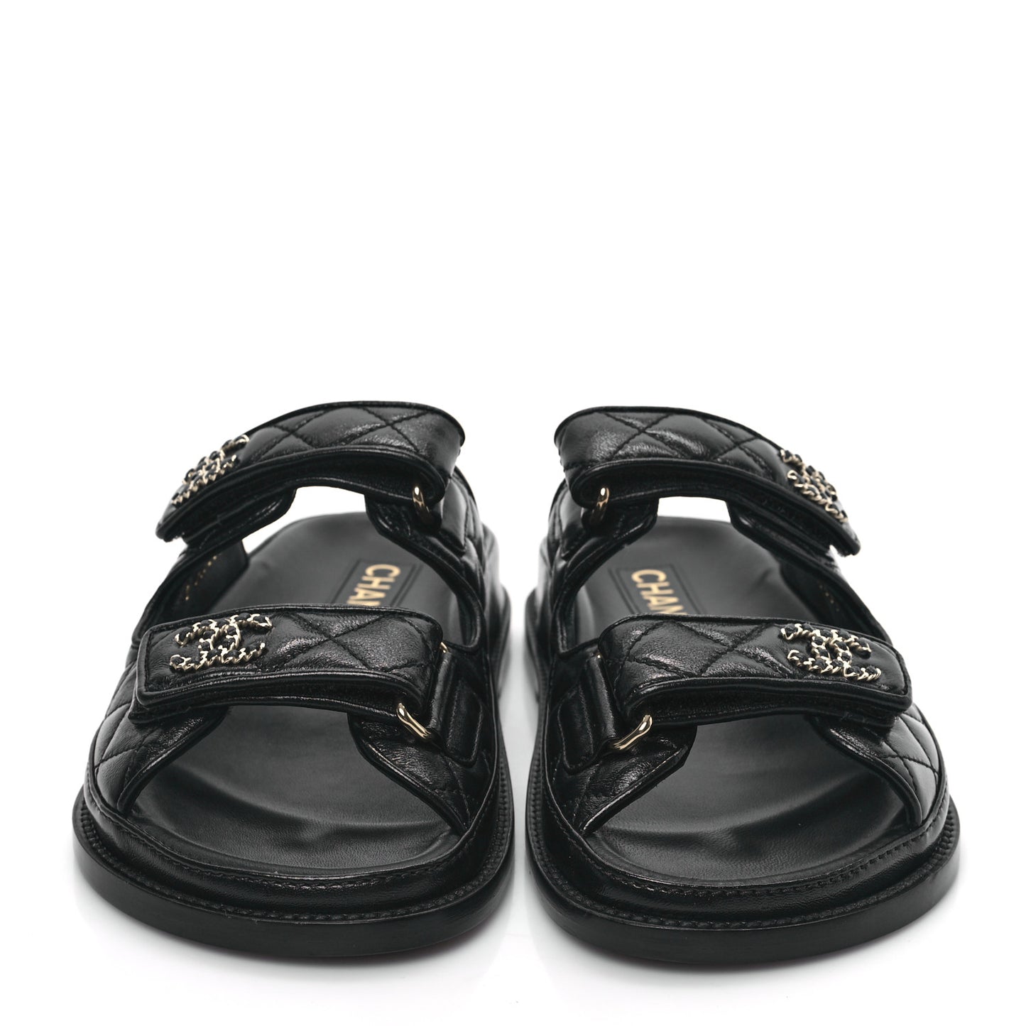 Lambskin Quilted Velcro Dad Chain CC Slide Sandals 35 Black