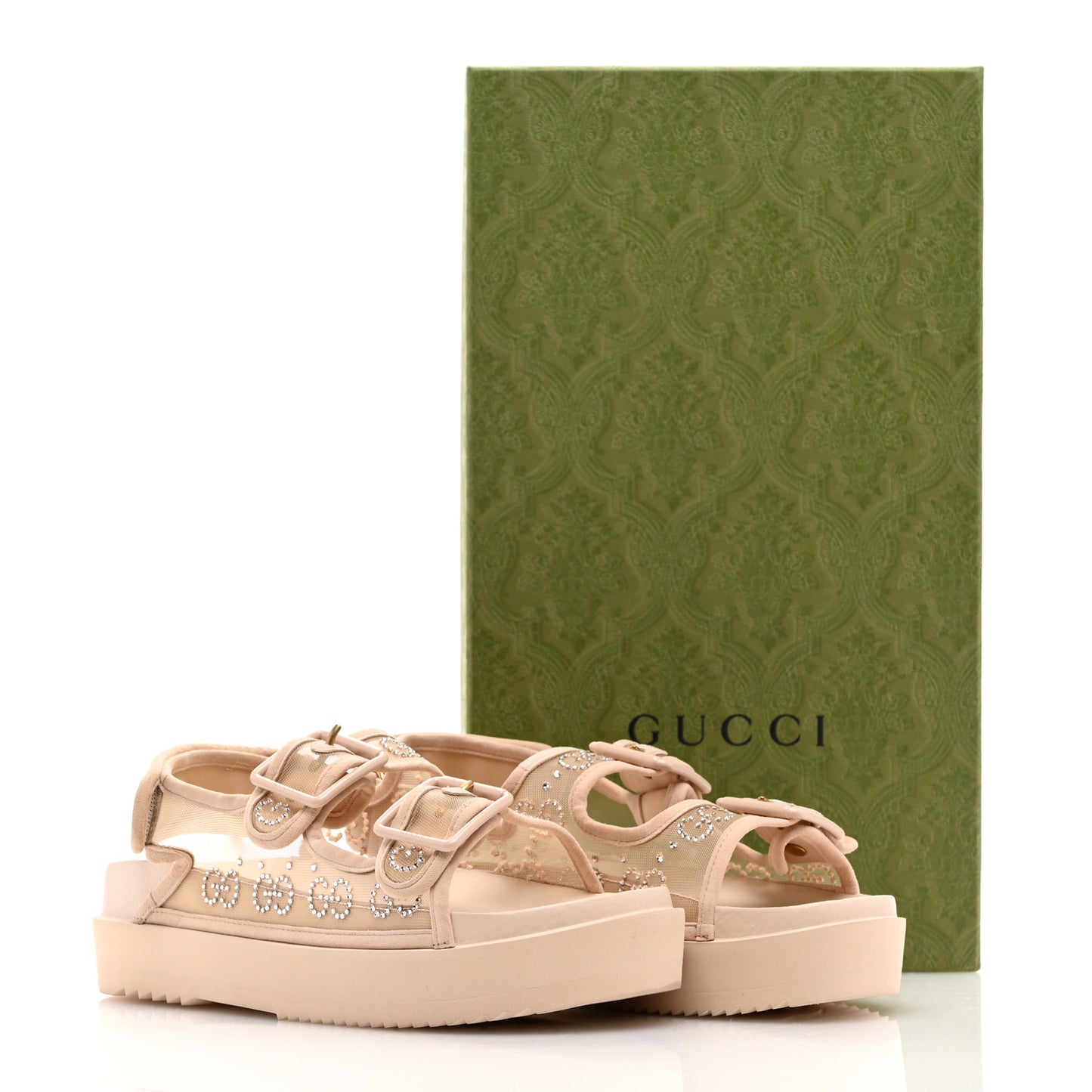 Rubber Suede Mesh Crystal GG Monogram Womens Isla Dad Sandals 37 Light Powder Skin Rose