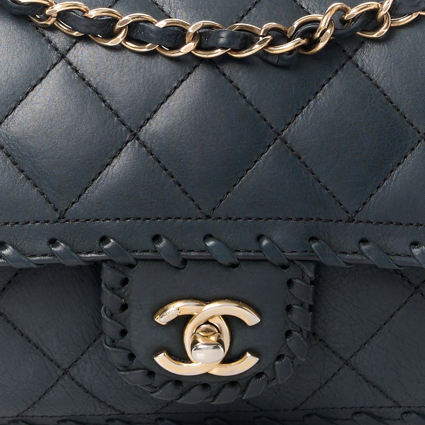 Iridescent Calfskin Small Happy Stitch Flap Black