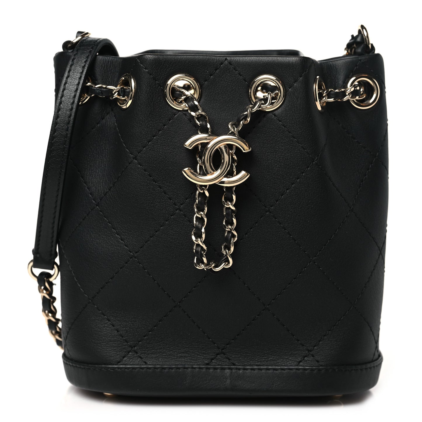 Calfskin Stitched Small Egyptian Amulet Drawstring Bag Black