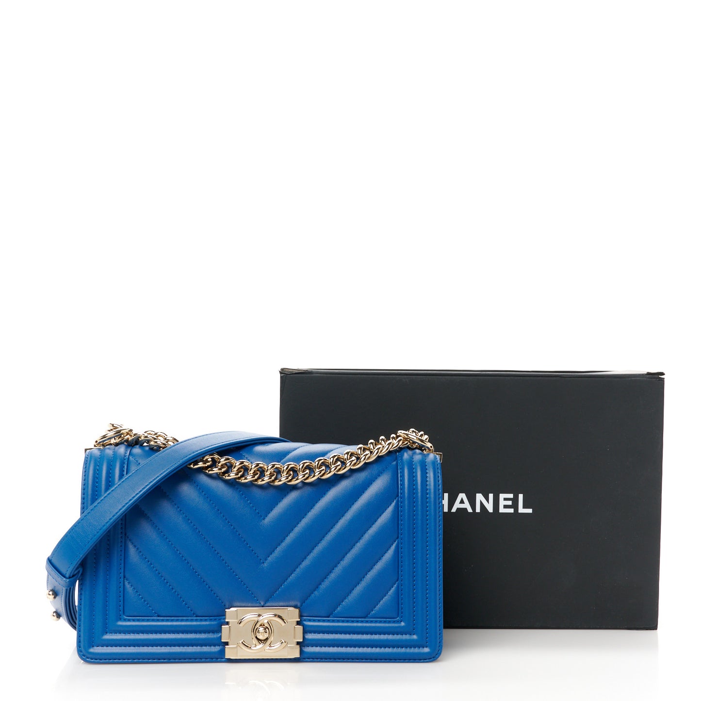 Calfskin Chevron Quilted Medium Boy Flap Blue