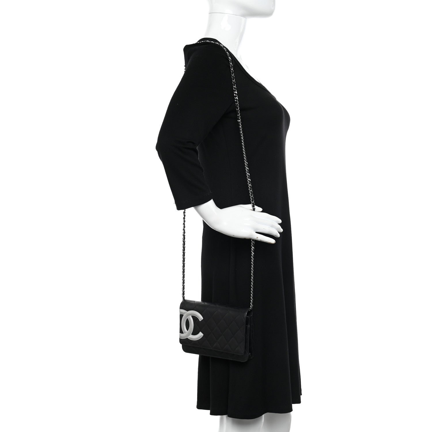 Chanel Calfskin Quilted Cambon Wallet on Chain WOC Black White 2 of 14