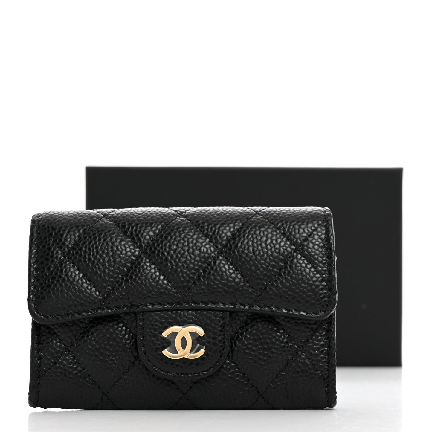 Caviar Quilted Flap Card Holder Wallet Black