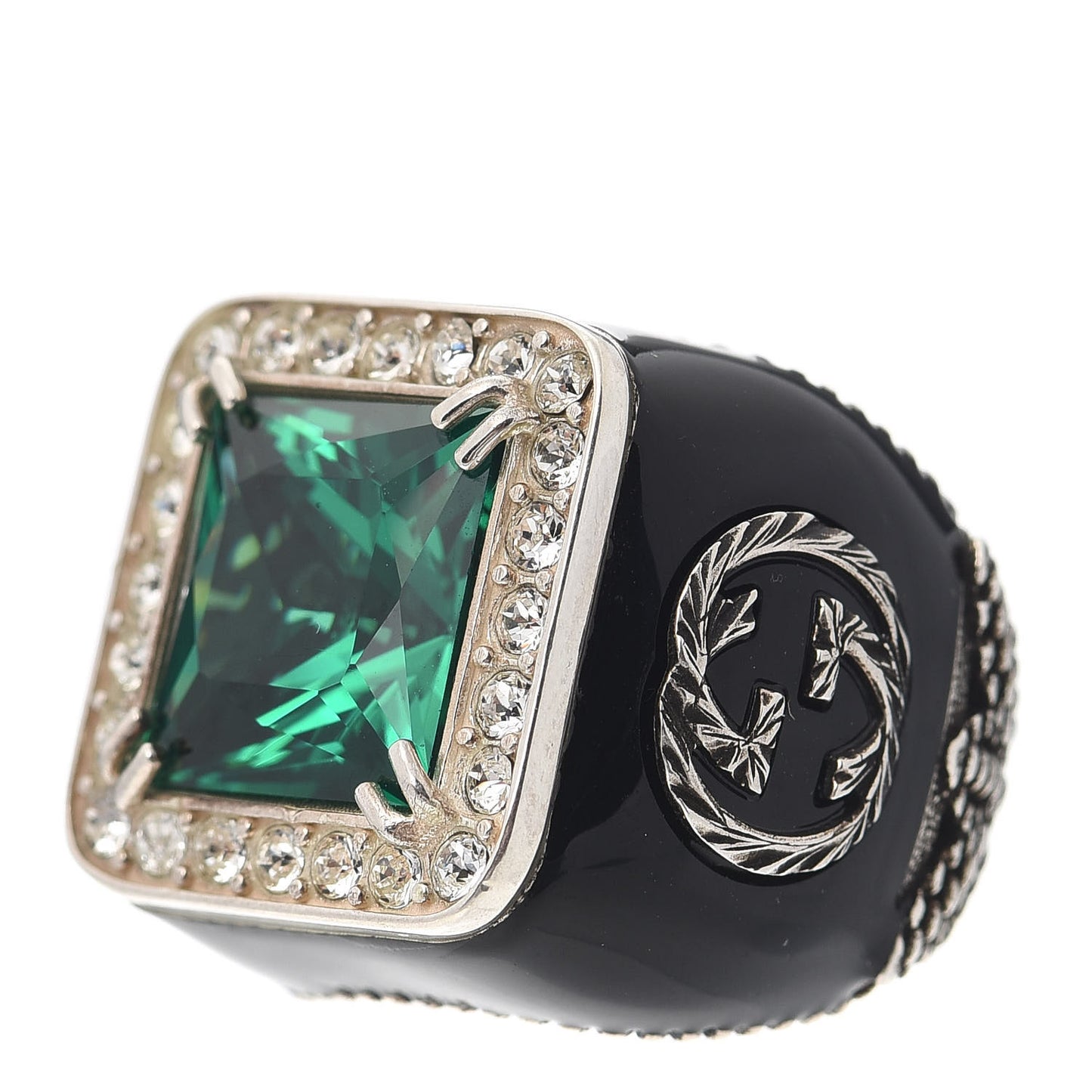 Sterling Silver Enamel Crystal Signet Ring Green 50 5.25