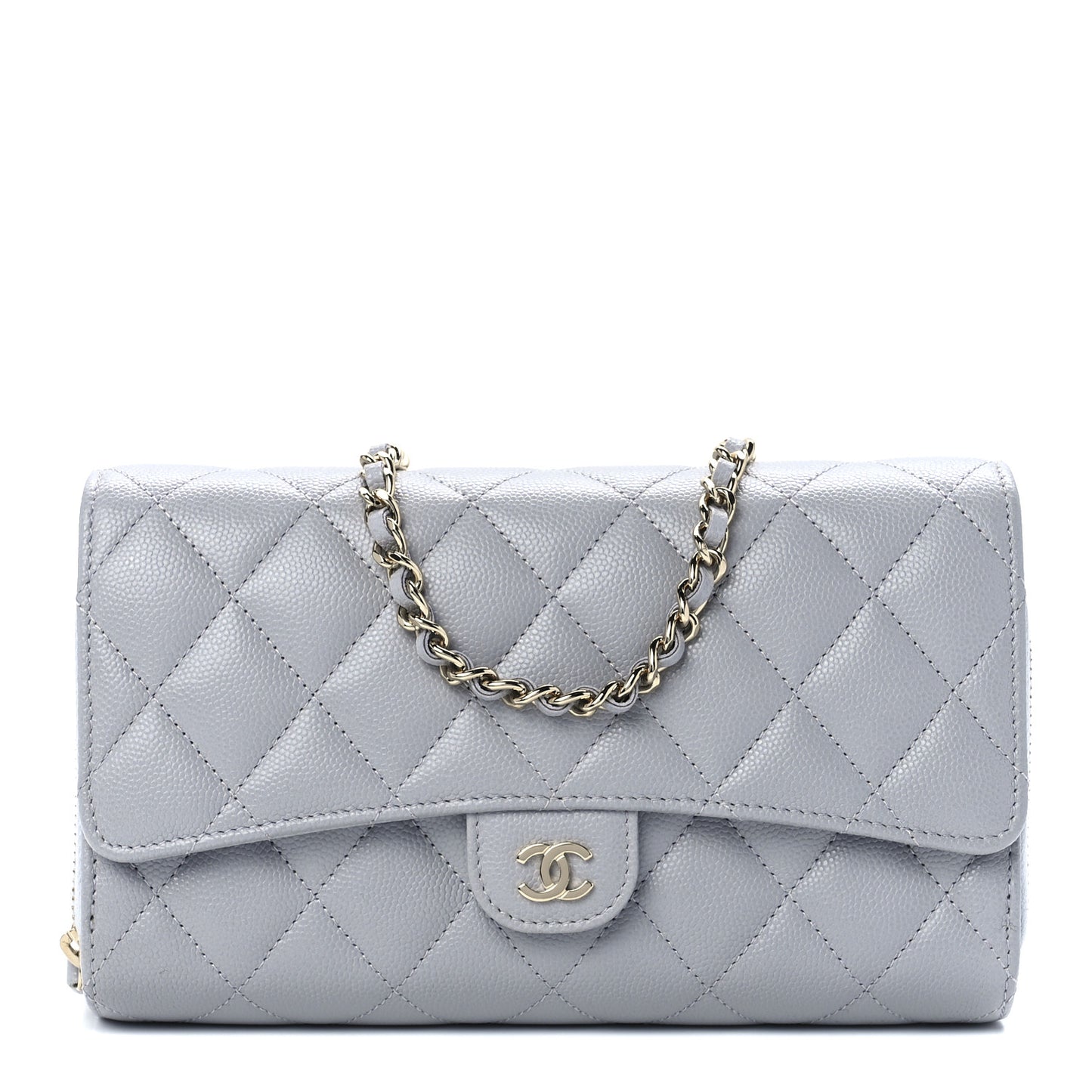 Caviar Quilted Phone Holder Wallet on Removable Chain Grey