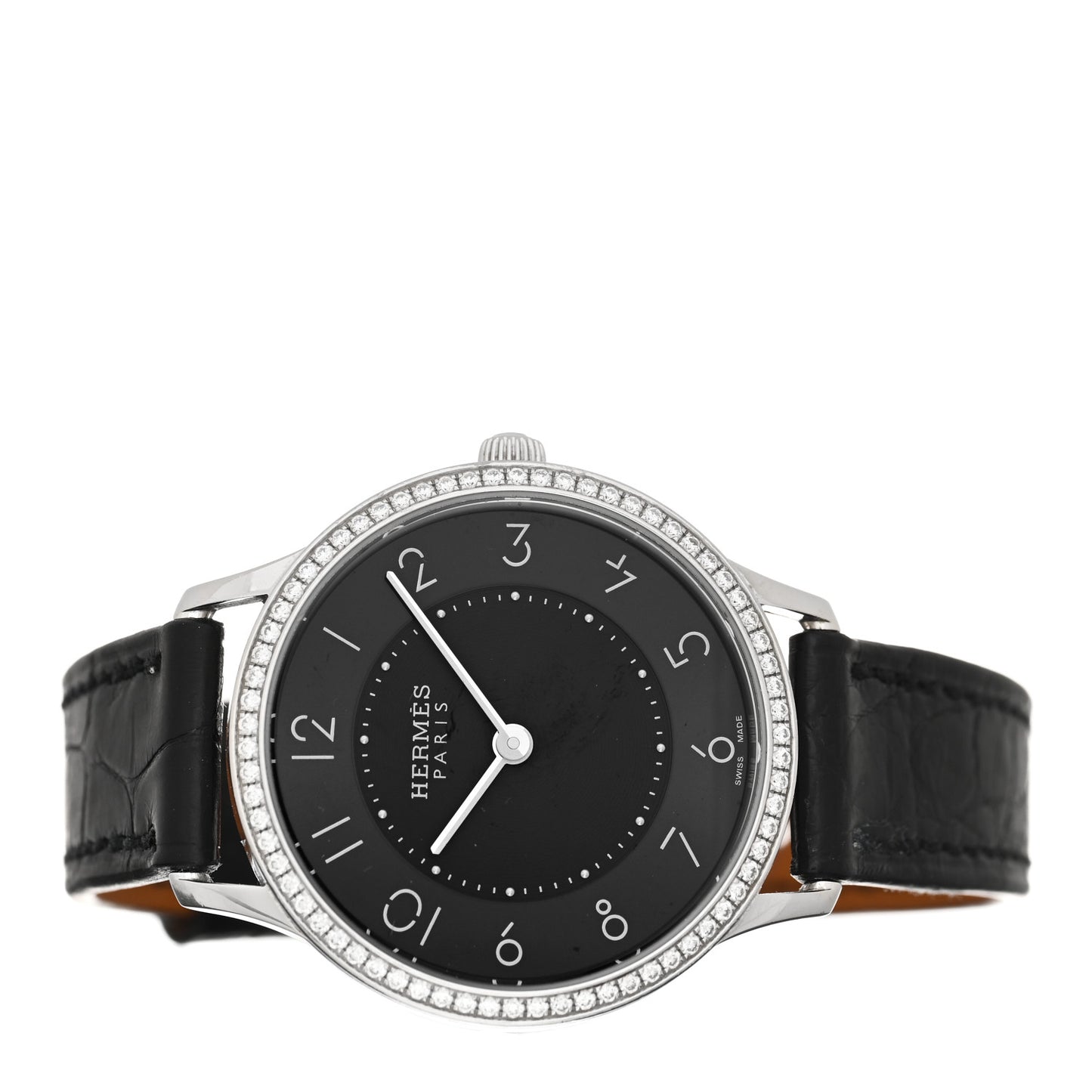 Stainless Steel Alligator Diamond 25mm Slim d'Hermes Quartz Watch Noir