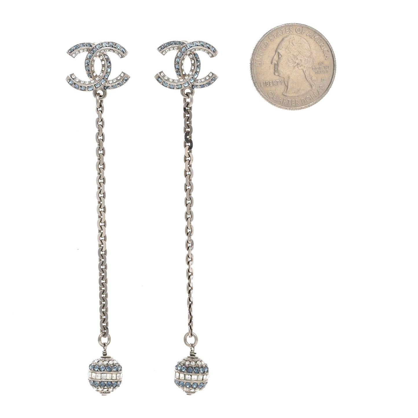 Crystal Drop Long CC Earrings Silver