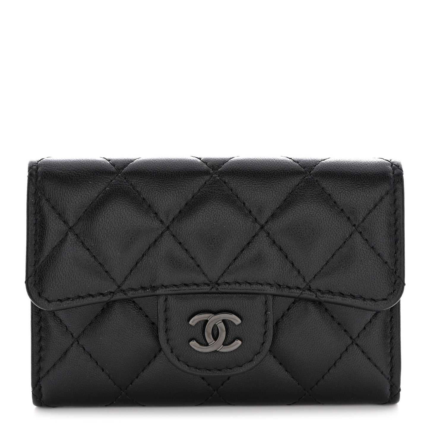 Lambskin Quilted Flap Card Holder Wallet So Black