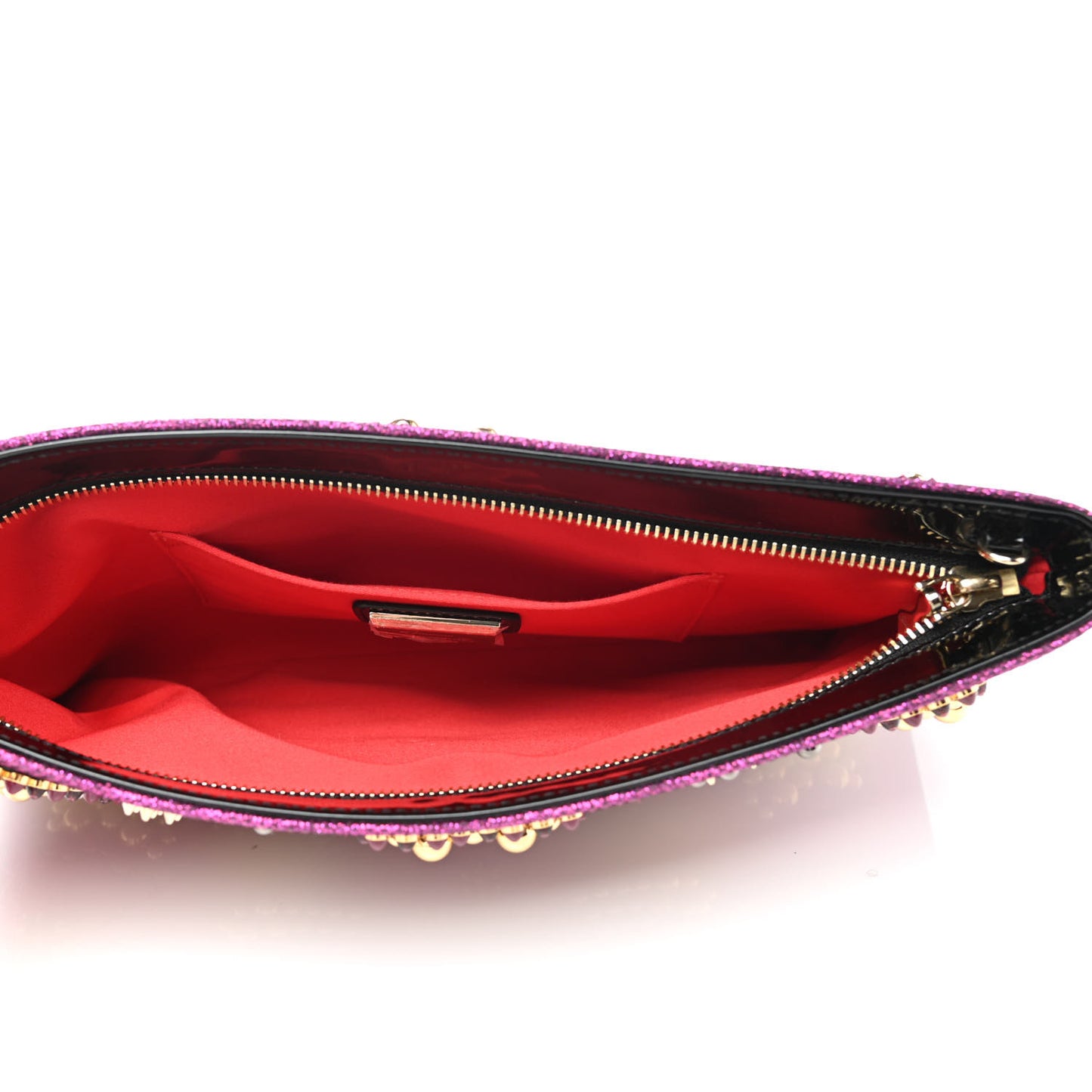 Metallic Raffia Studded Loubiposh Chain Clutch Magenta