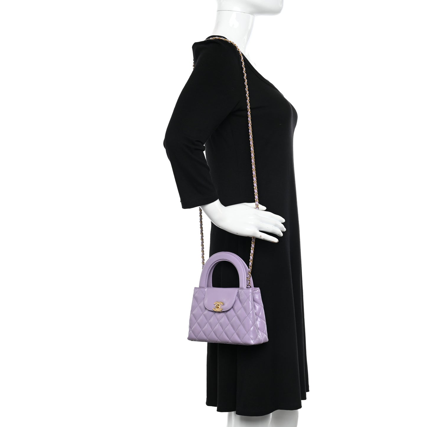 Shiny Aged Calfskin Quilted Nano Kelly Shopper Lilac