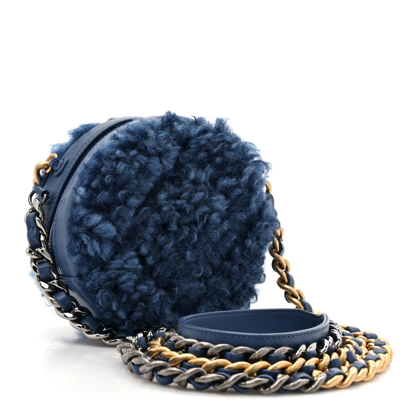 Shearling Sheepskin Chanel 19 Round Clutch With Chain Blue