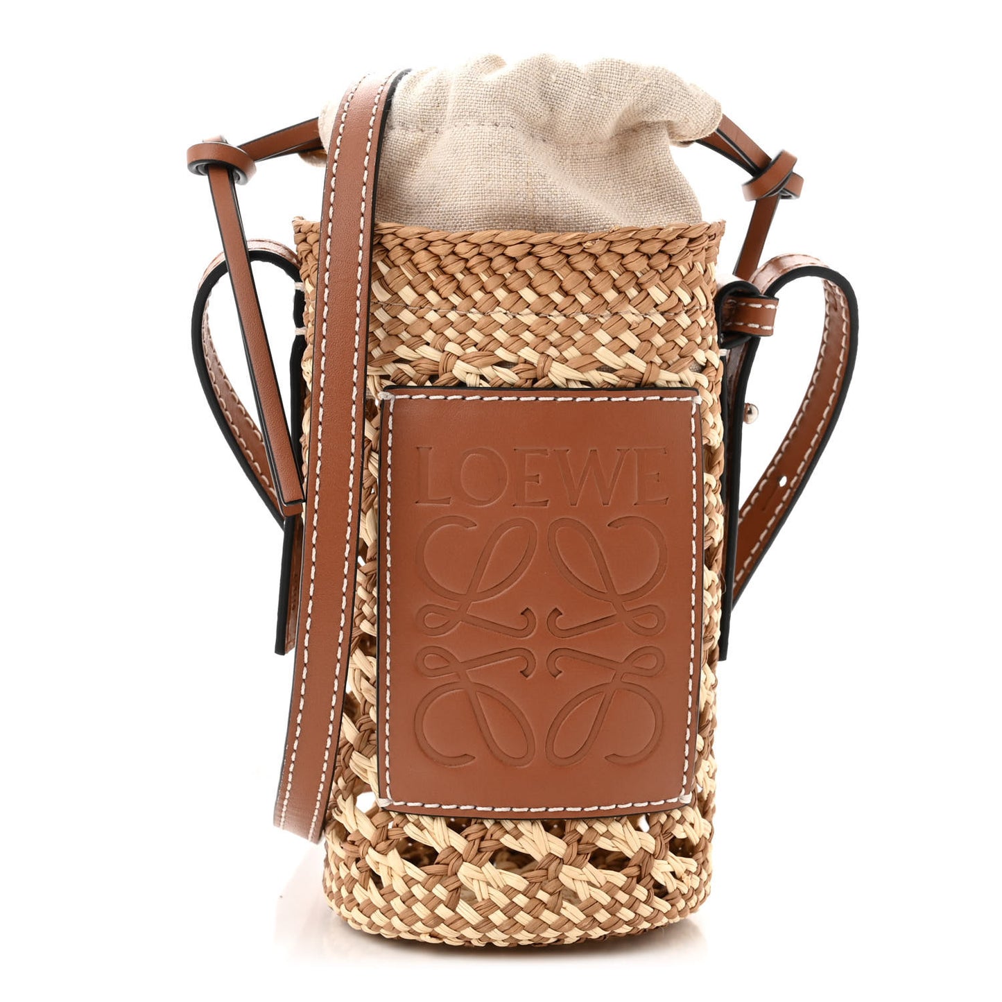 Calfskin Raffia Paula's Ibiza Pocket Bucket Bag Natural Tan