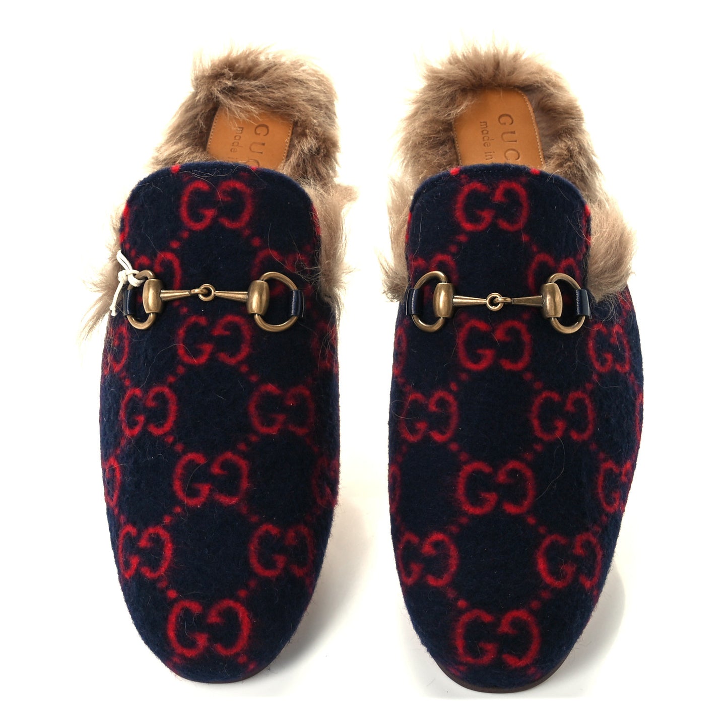 Velvet GG Monogram Fur Mens Princetown Slippers 7 Navy Red