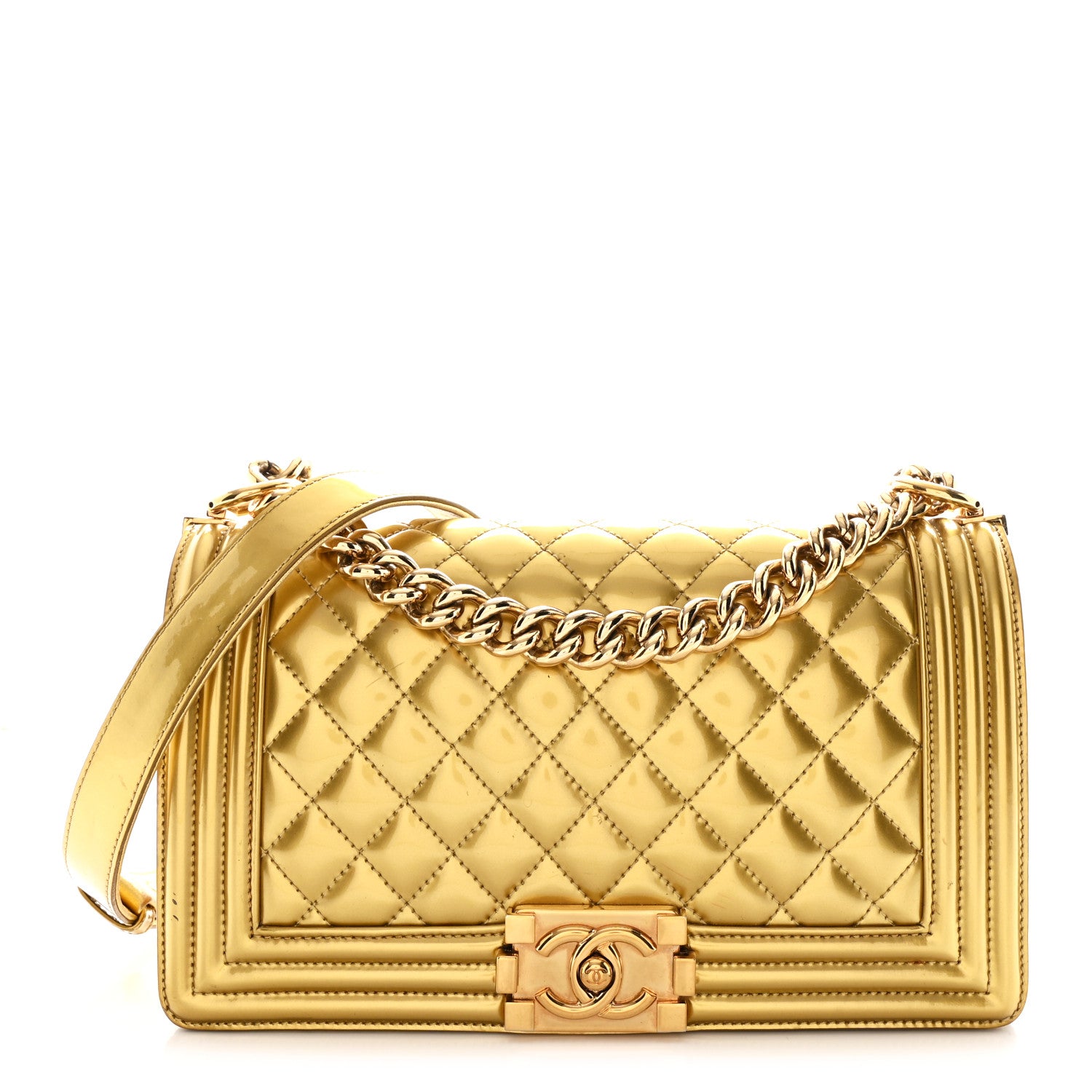 Chanel Metallic Patent Calfskin Quilted Medium Boy Flap Gold