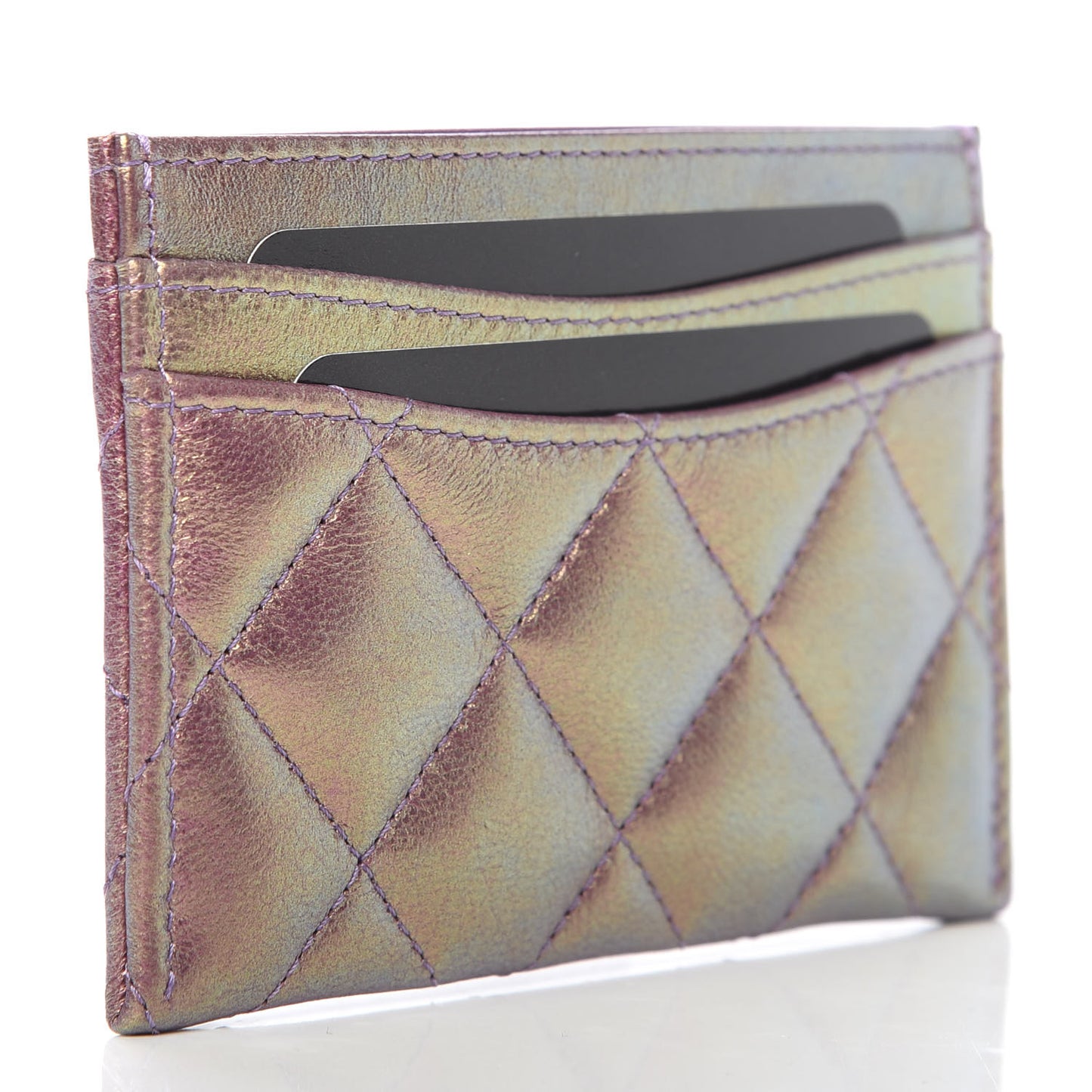 Iridescent Lambskin Quilted Card Holder Purple