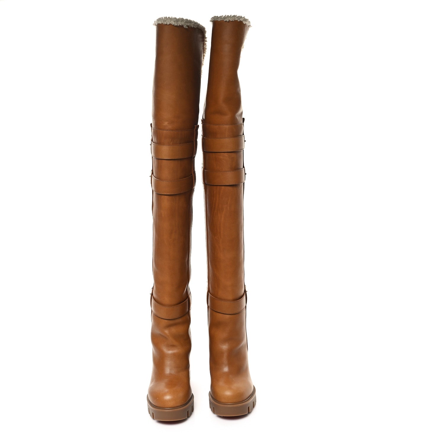 Christian Louboutin Calfskin Wax Shearling Brodeback Lug Over The Knee Boots 35.5 Terra Beige 2 of 8