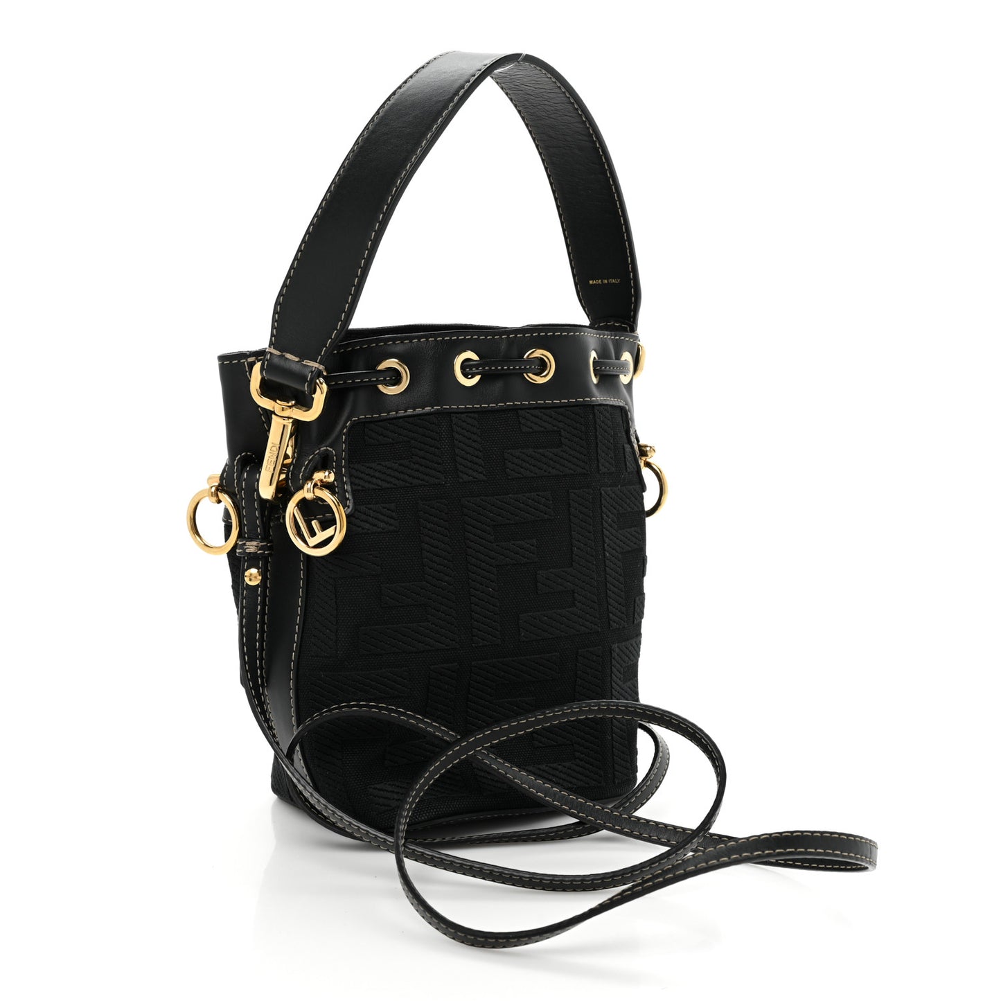 Canvas Vitello King F is Fendi FF Embroidered Mini Mon Tresor Bucket Bag Black