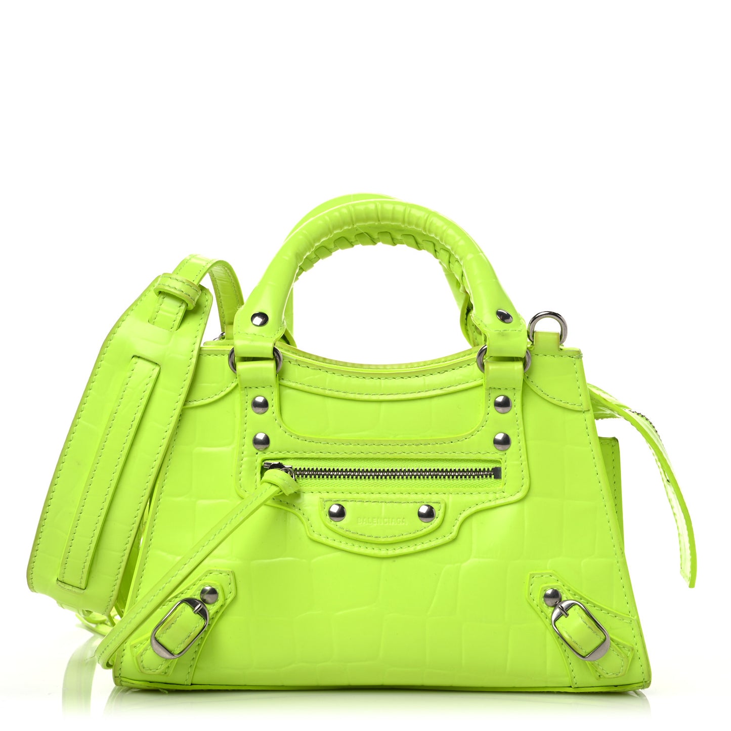 Semi Shiny Calfskin Crocodile Embossed Neo Classic Silver Hardware Mini City Fluo Yellow