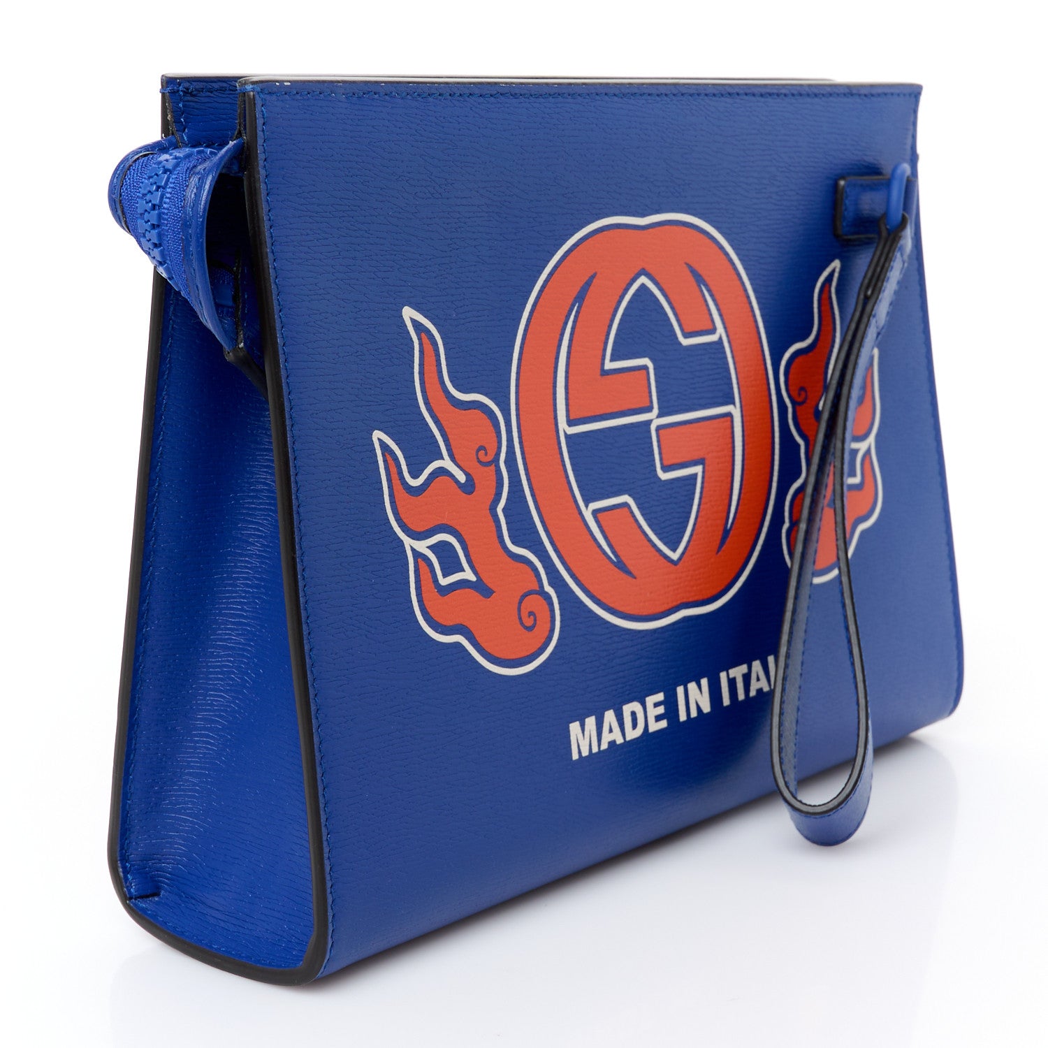 Gucci New Shanghai Calfskin Interlocking G Logo Wristlet Pouch Cobalt Blue Orange 3 of 10