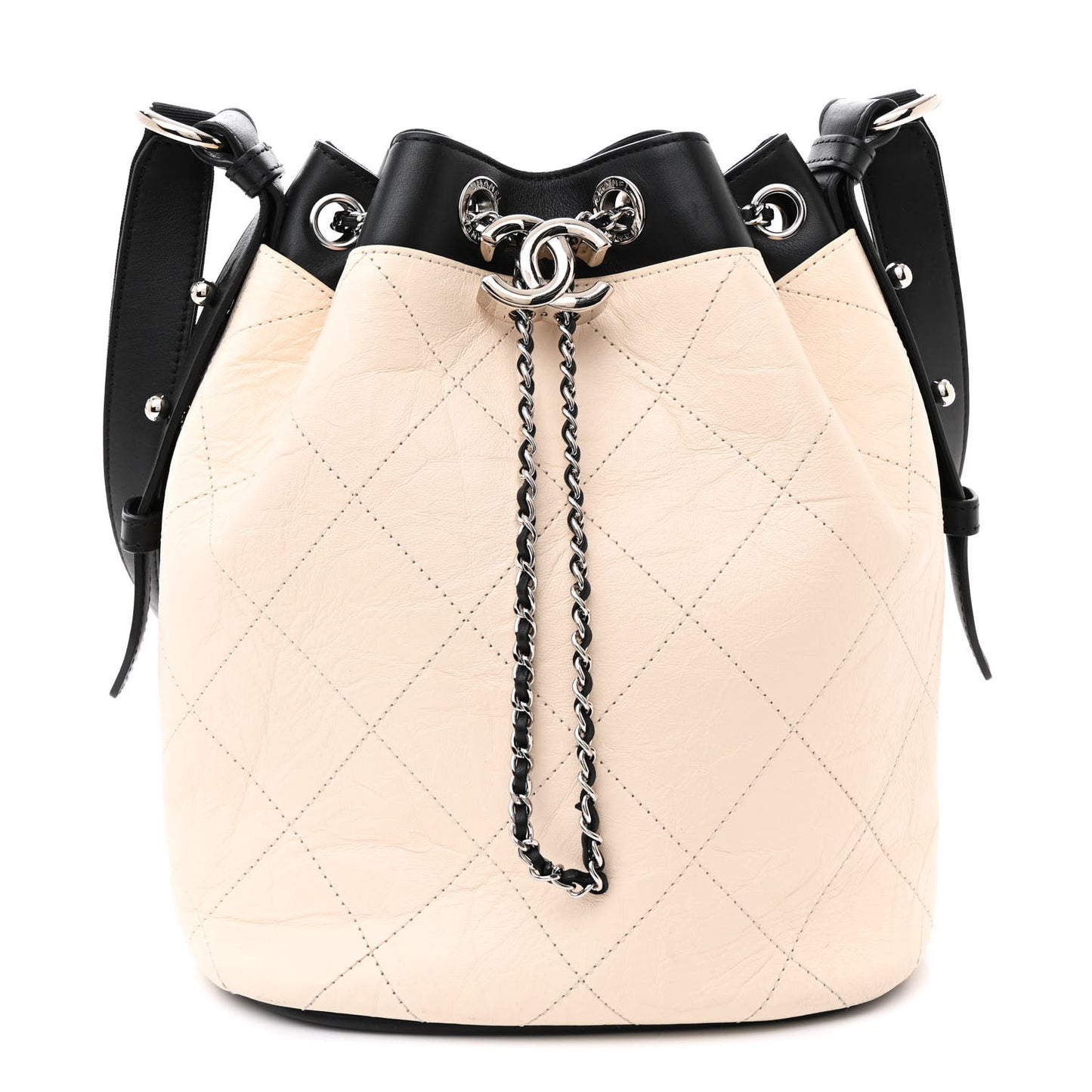 Aged Calfskin Quilted CC Chain Bucket Drawstring Bag Ivory Black