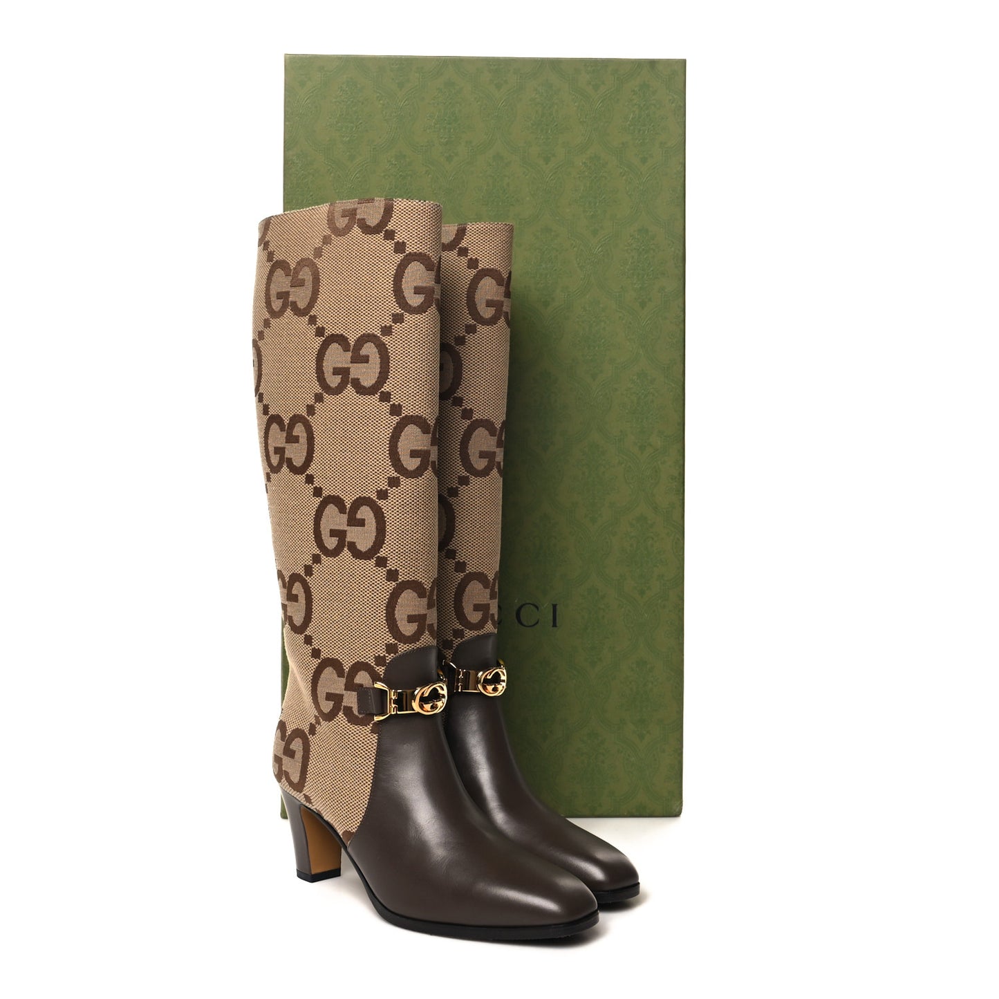 Monogram Jumbo GG Calfskin Interlocking G Anna Boots 39 Camel Ebony