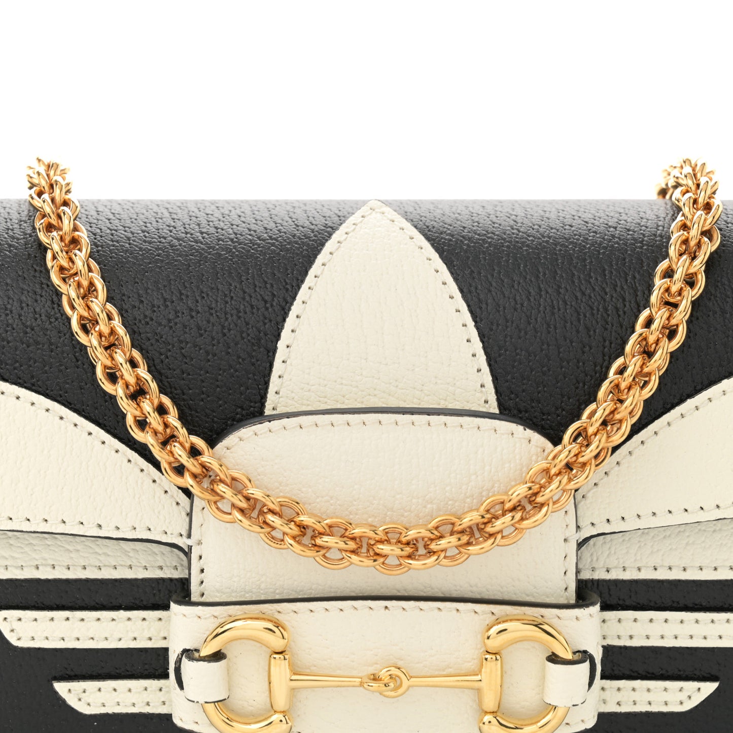 X ADIDAS Textured Dollar Calfskin Web Small Trefoil Horsebit 1955 Shoulder Bag Black Off White