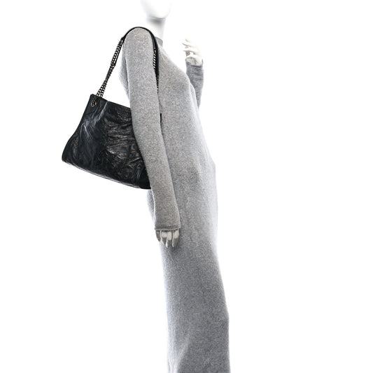 Crinkled Calfskin Matelasse Monogram Medium Niki Shopper Tote Black