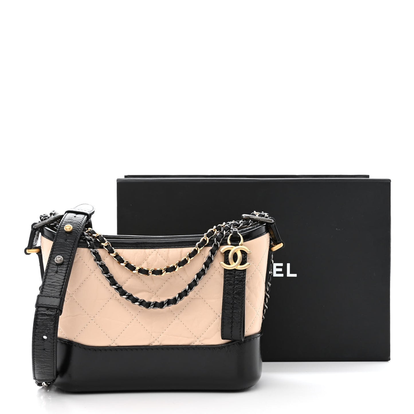 Aged Calfskin Quilted Small Gabrielle Hobo Beige Black