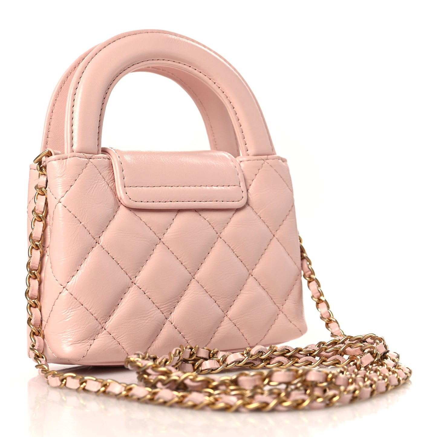 Shiny Aged Calfskin Quilted Mini Nano Kelly Shopper Light Pink