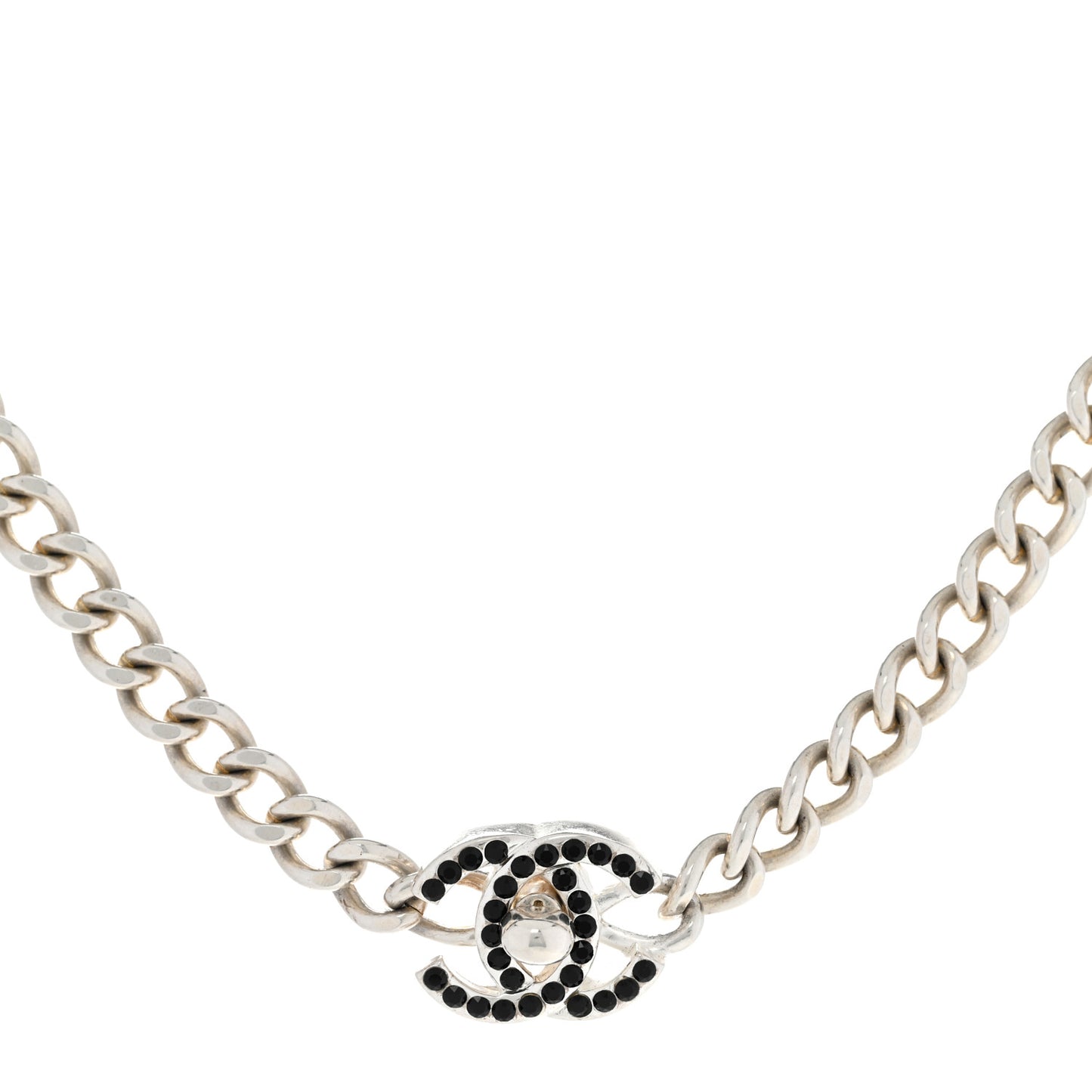 Crystal Chain Link CC Turn Lock Choker Necklace Silver Black