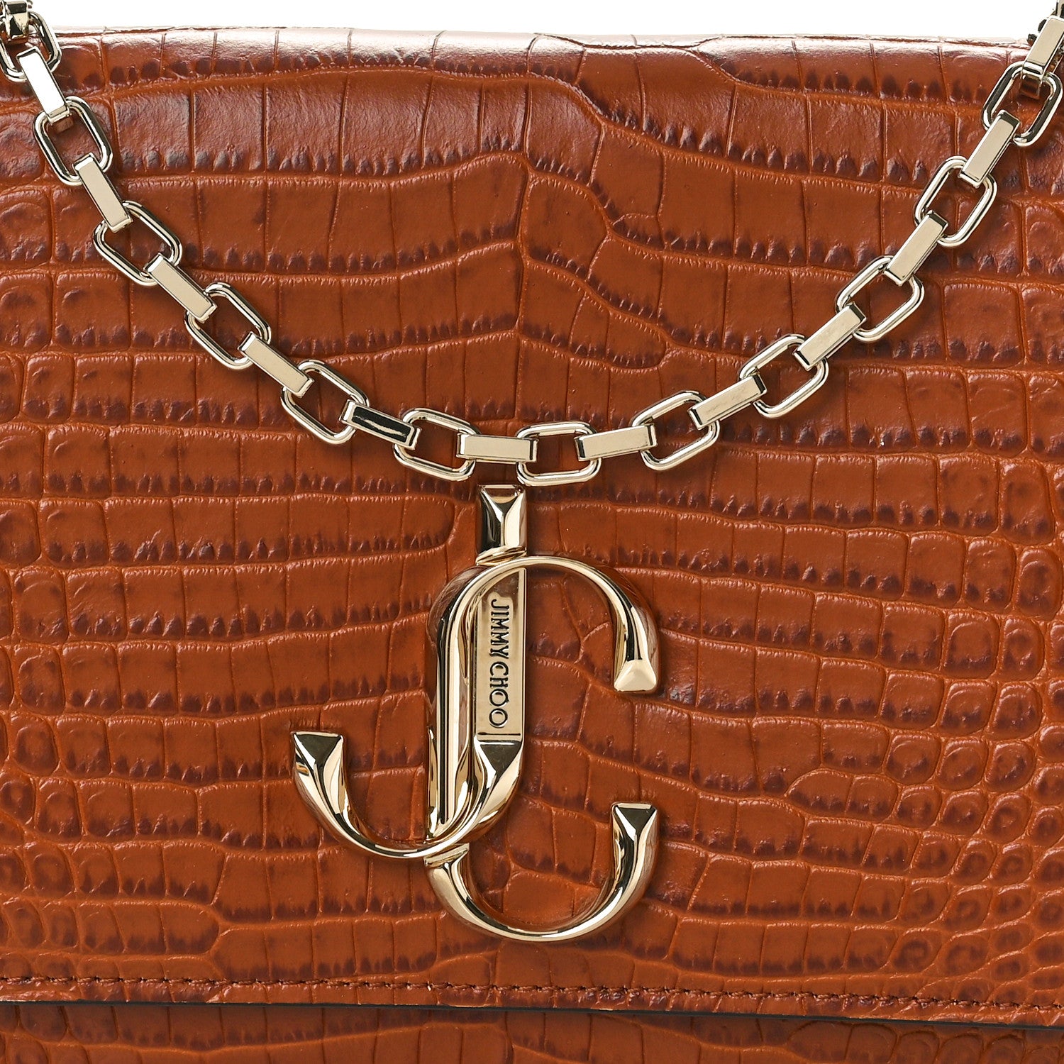 Jimmy Choo Calfskin Crocodile Embossed Varenne Chain Clutch Cuoio 7 of 9