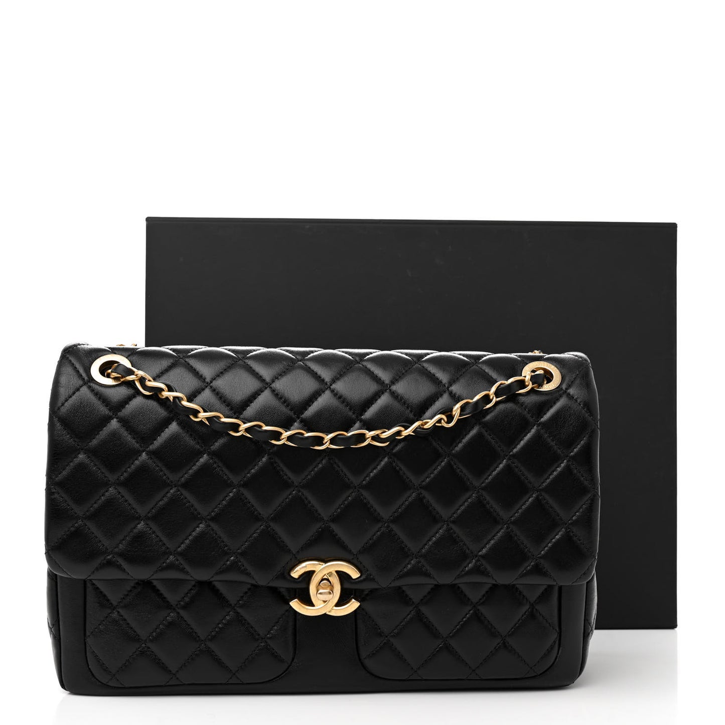 Shiny Lambskin Quilted Daily Friend Flap Black