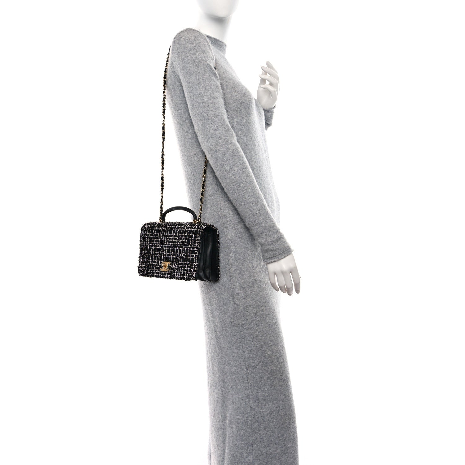 Chanel Tweed Lambskin Quilted Top Handle Flap Black White 2 of 12