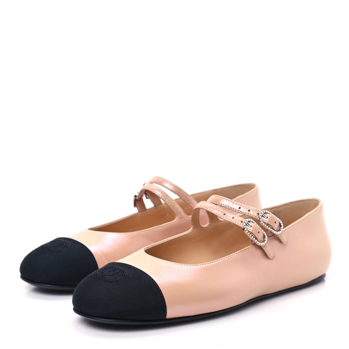 Lambskin Grosgrain Pearl Mary Jane Flats 39 Beige Black