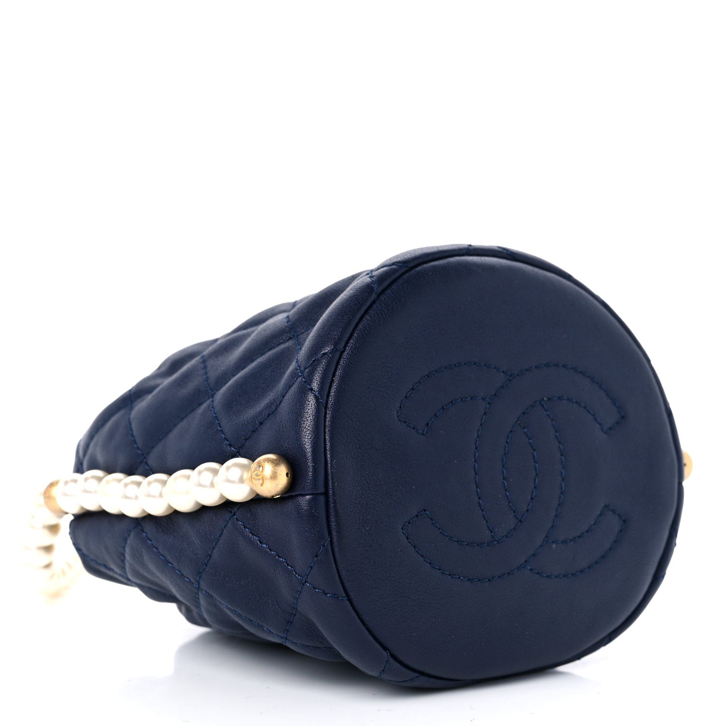 Calfskin Quilted Pearl Mini About Pearls Drawstring Bucket Bag Navy
