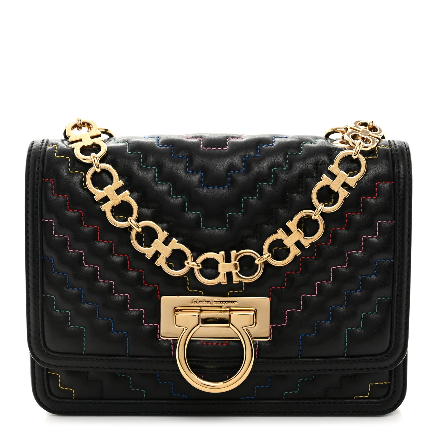 Calfskin Stitched Gancini Crossbody Flap Black Multicolor
