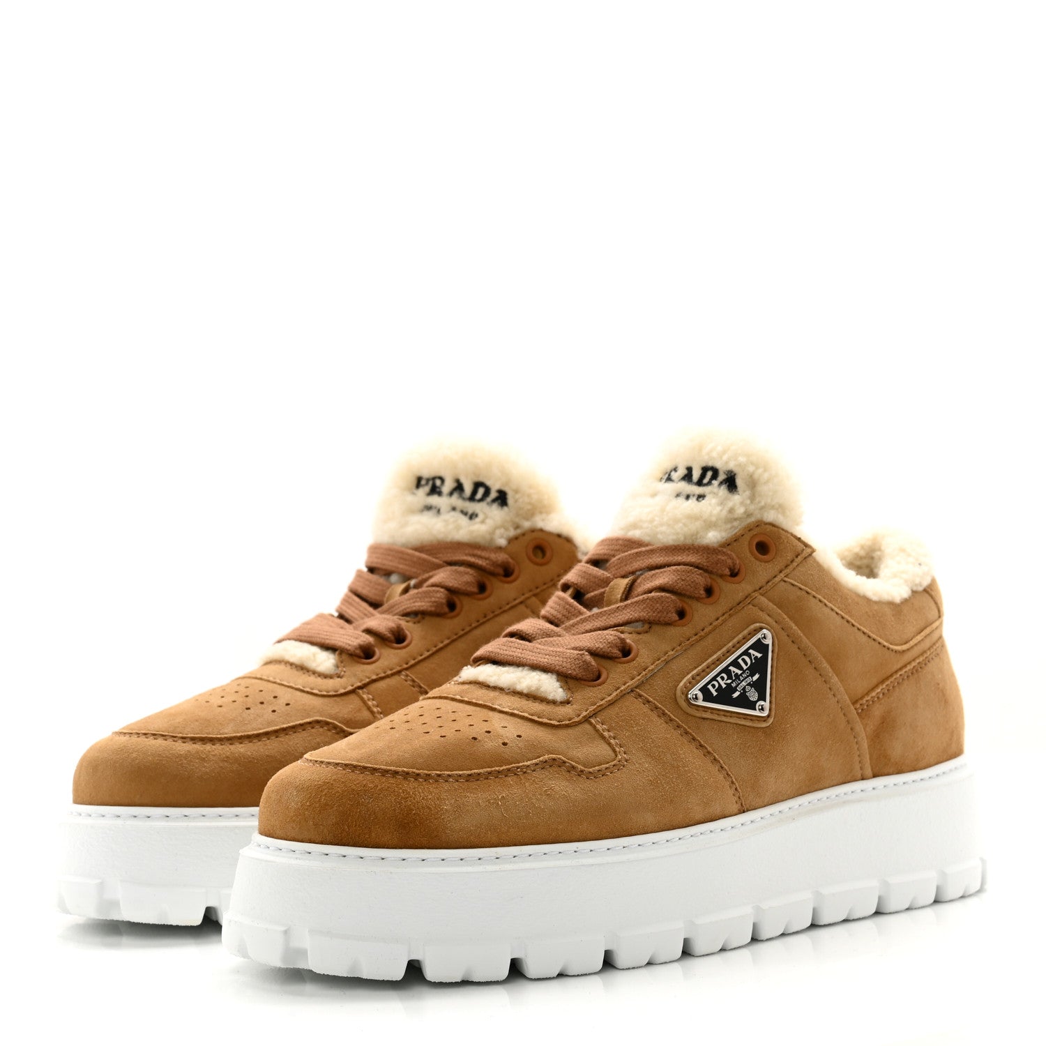 Prada Suede Shearling Triangle Logo Downtown Sneakers 40 Ecru 3 of 8