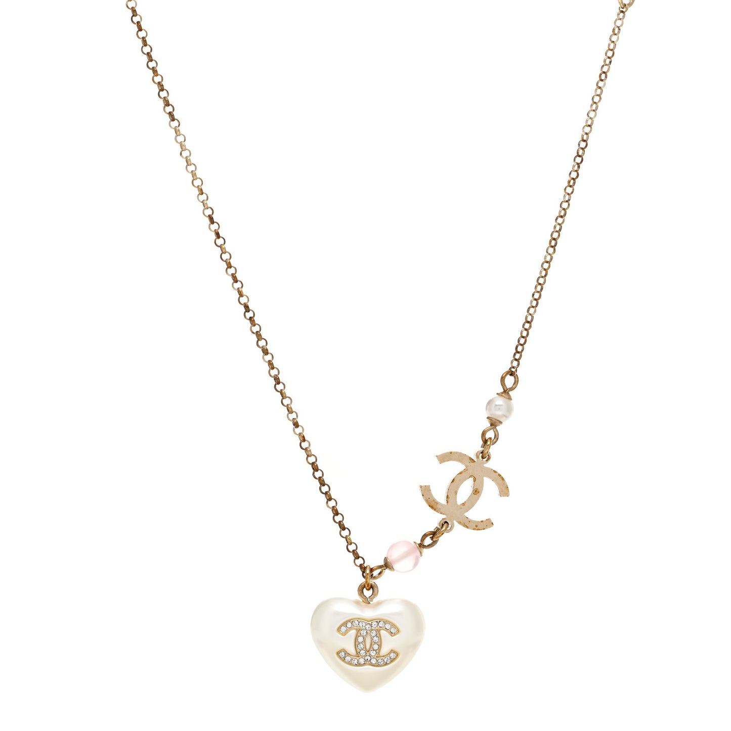 Resin Crystal CC Heart Necklace Pearly White Gold