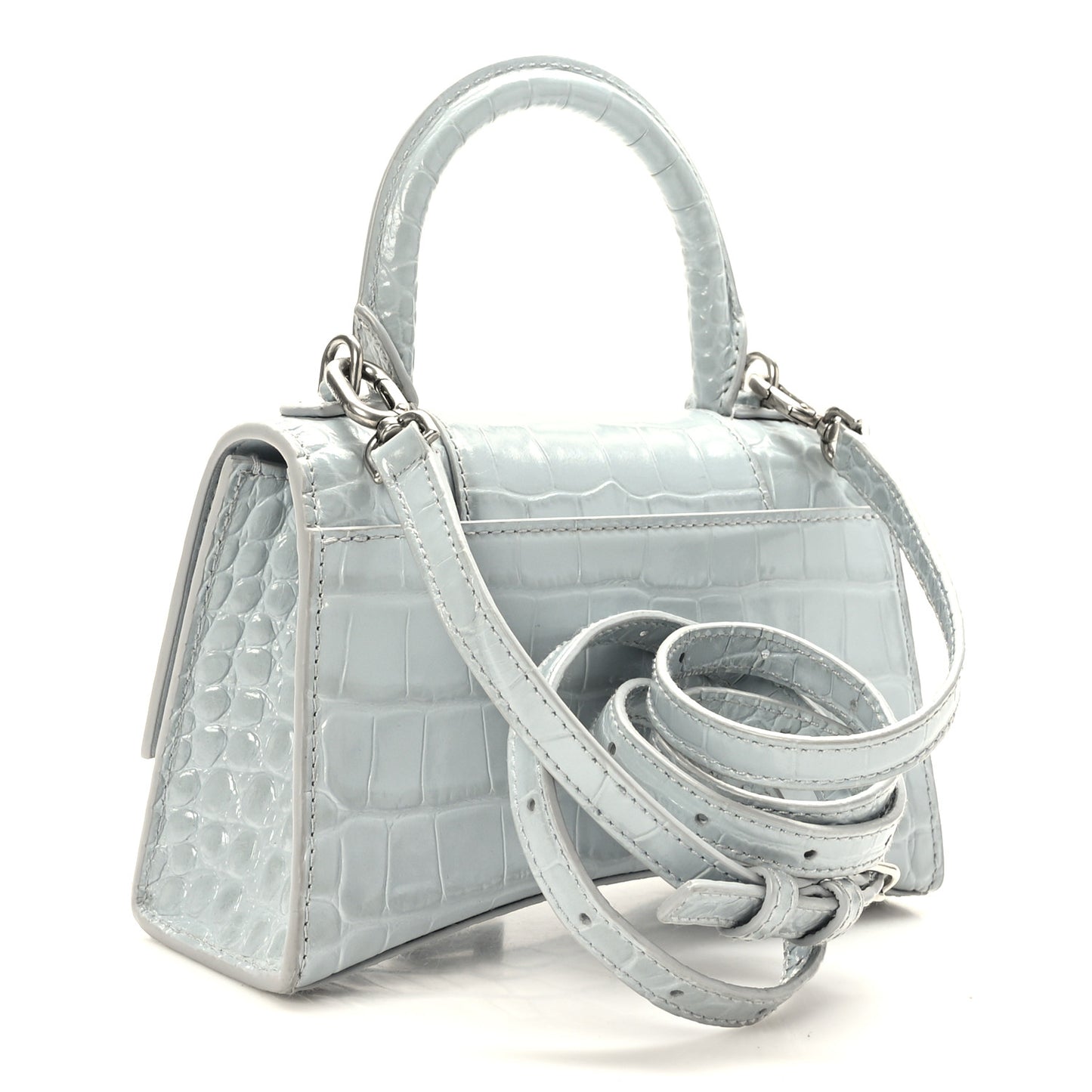 Shiny Calfskin Crocodile Embossed Hourglass Top Handle Bag XS Ash Blue