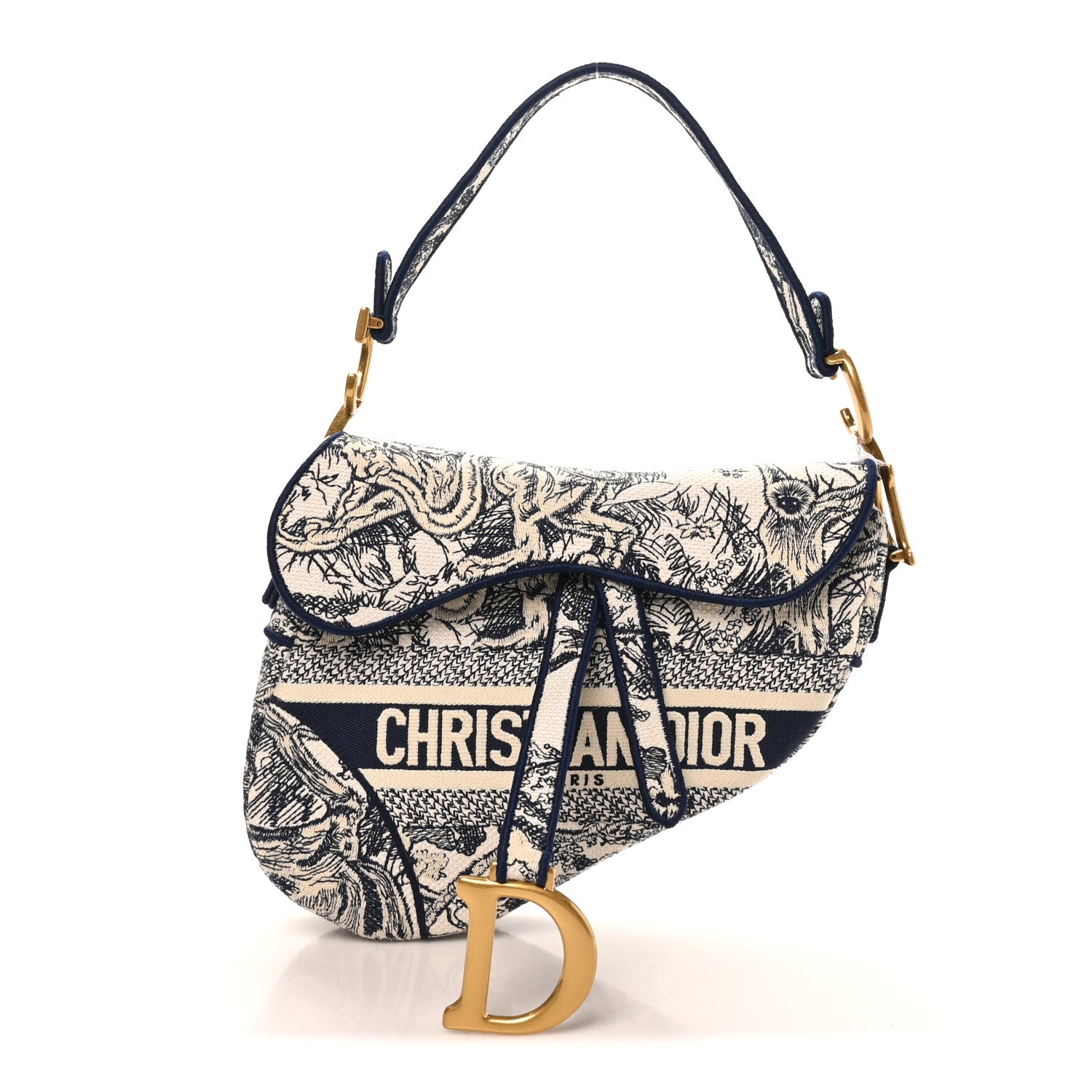 Christian Dior Canvas Embroidered Toile de Jouy Saddle Bag Blue