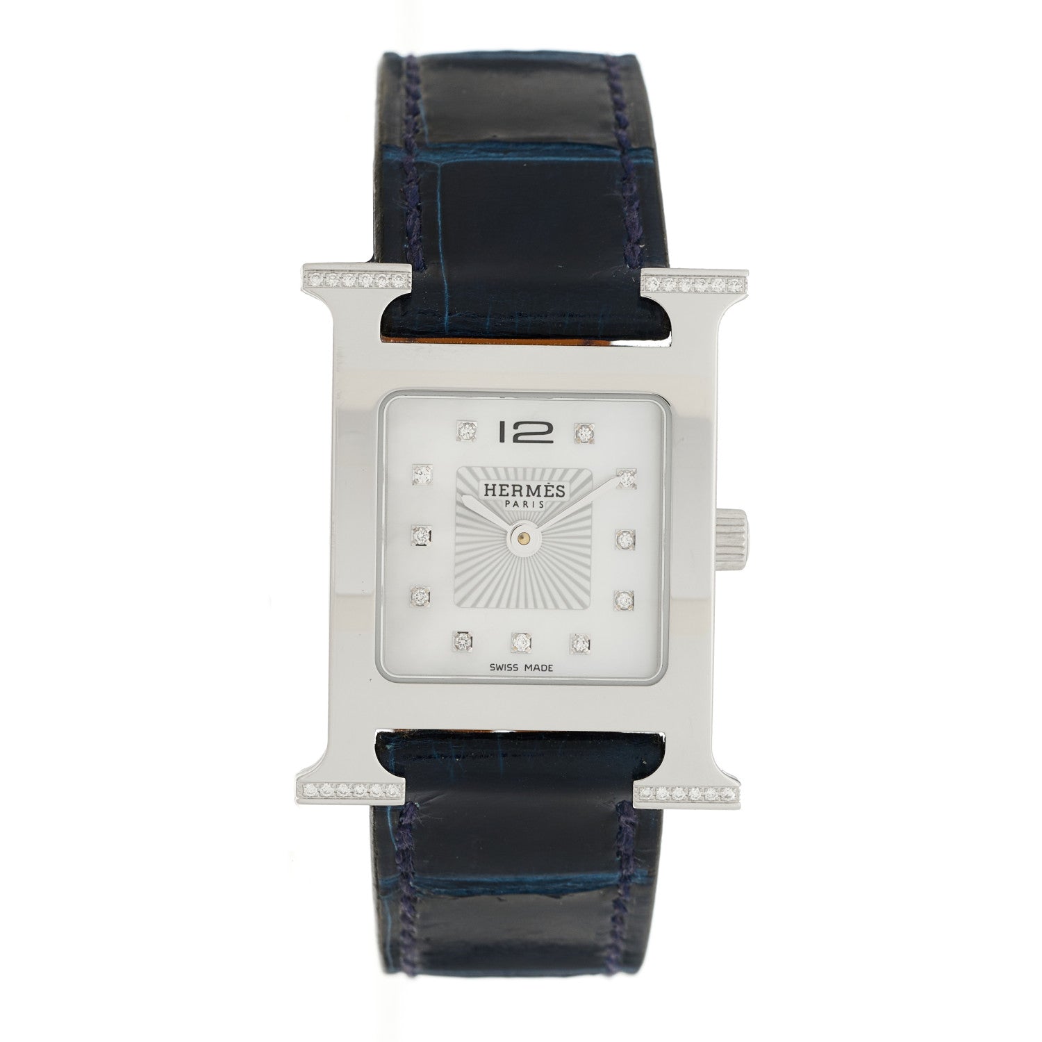 Hermès ステンレススチール クォーツ時計 Hermes Stainless Steel Alligator Diamond Mother of Pearl 21mm