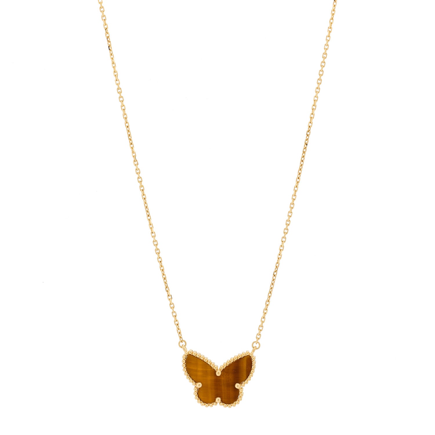 Van Cleef & Arpels 18K Yellow Gold Tiger Eye Lucky Alhambra Butterfly Pendant Necklace 1 of 5