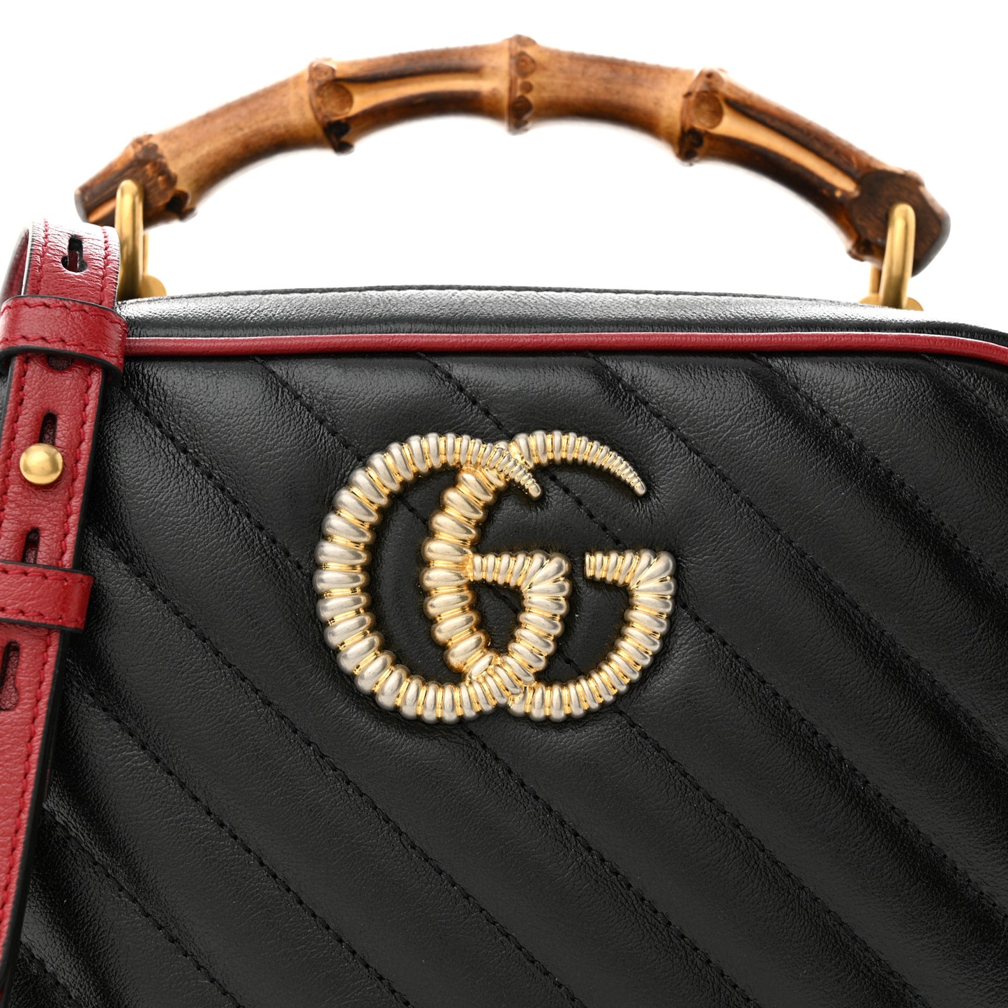 Vintage Effect Calfskin Matelasse Diagonal Small Torchon GG Marmont Bamboo Top Handle Shoulder Bag Black Romantic Cherry