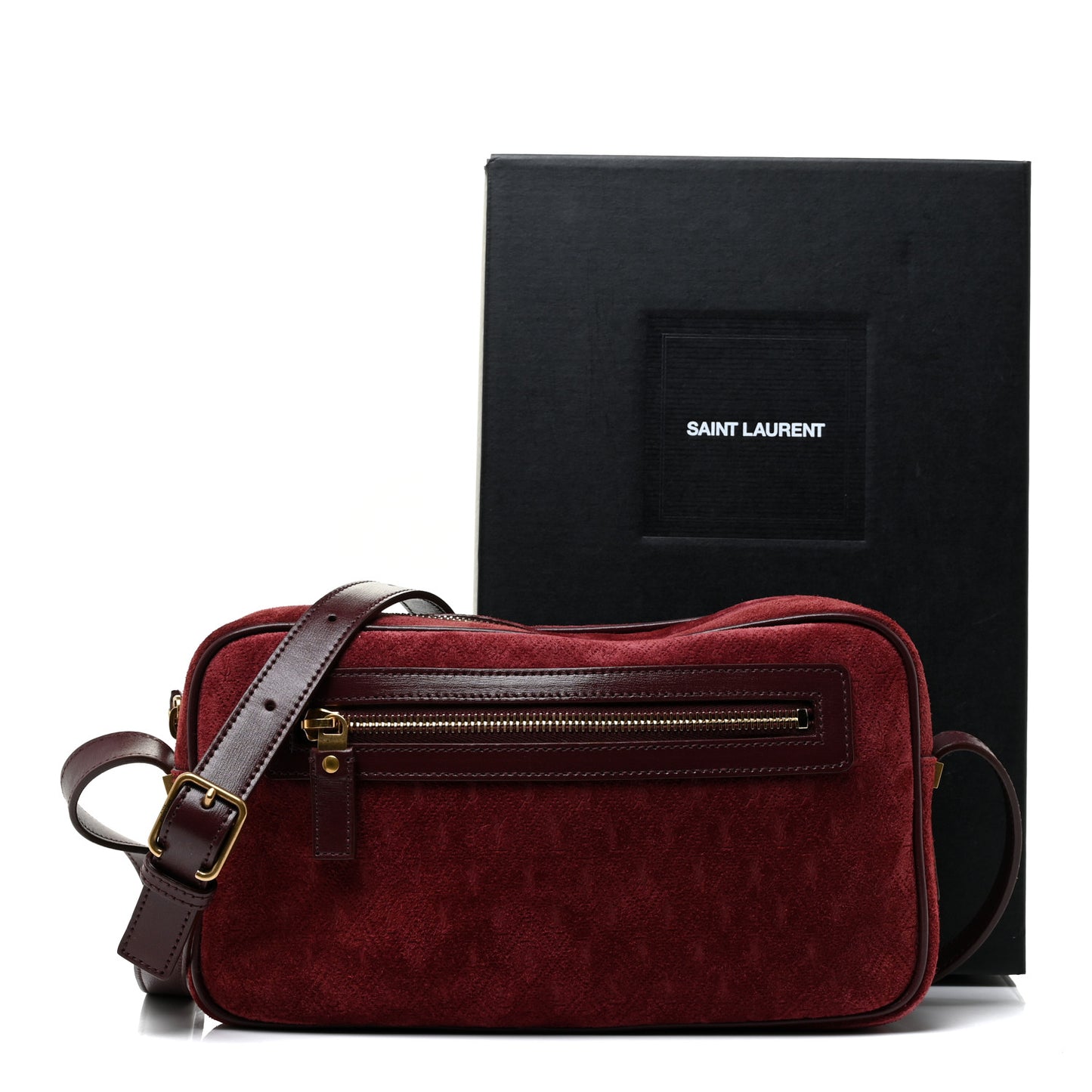 Suede Monogram All Over Camera Bag Burgundy