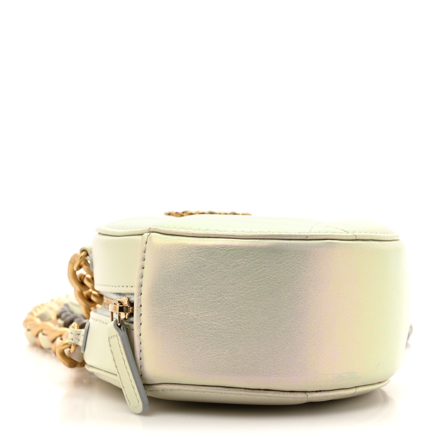 Iridescent Calfskin Quilted Chanel 19 Round Clutch With Chain White