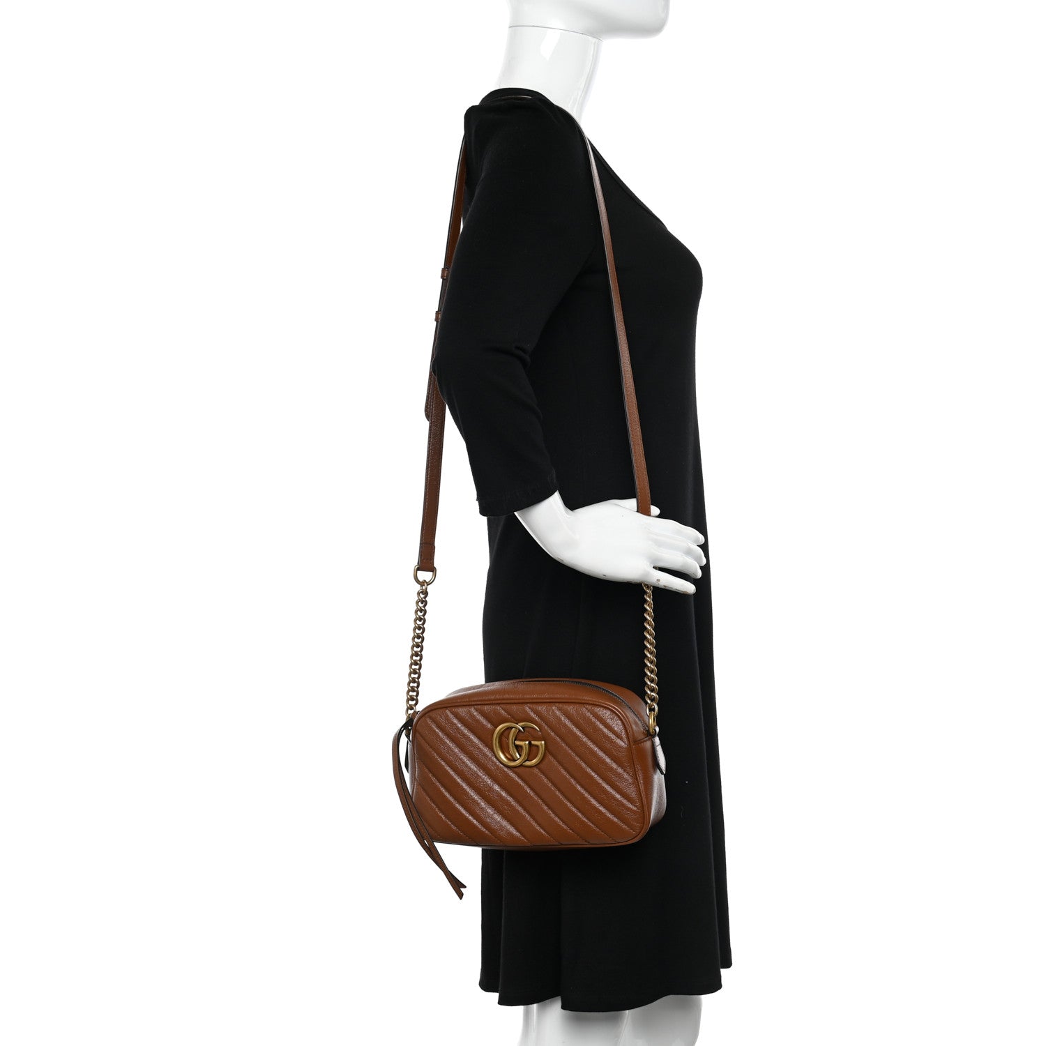 Gucci Glazed Calfskin Matelasse Diagonal Small GG Marmont Chain Shoulder Bag Cuir 2 of 10