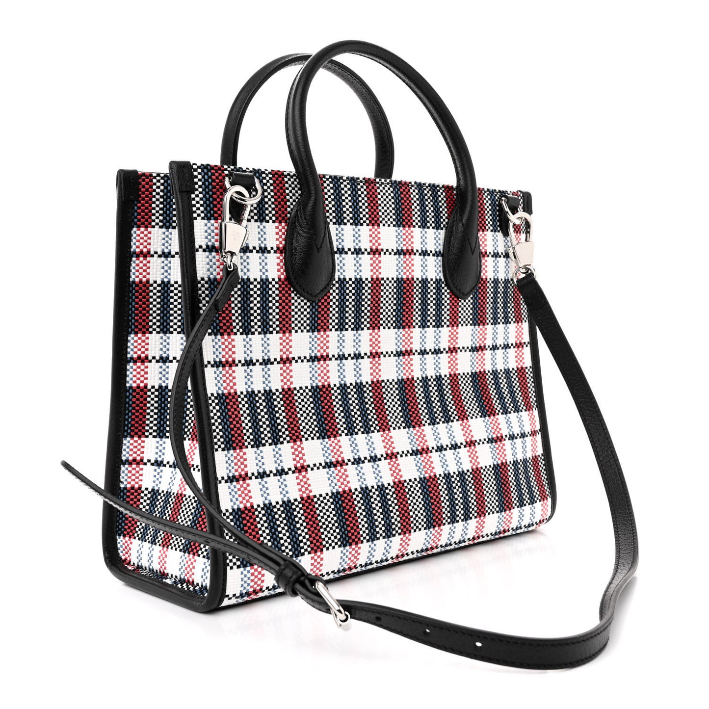 Canvas Plaid ICCUG Embroidered Small Tote Bag Black White Red Blue Smile Yellow