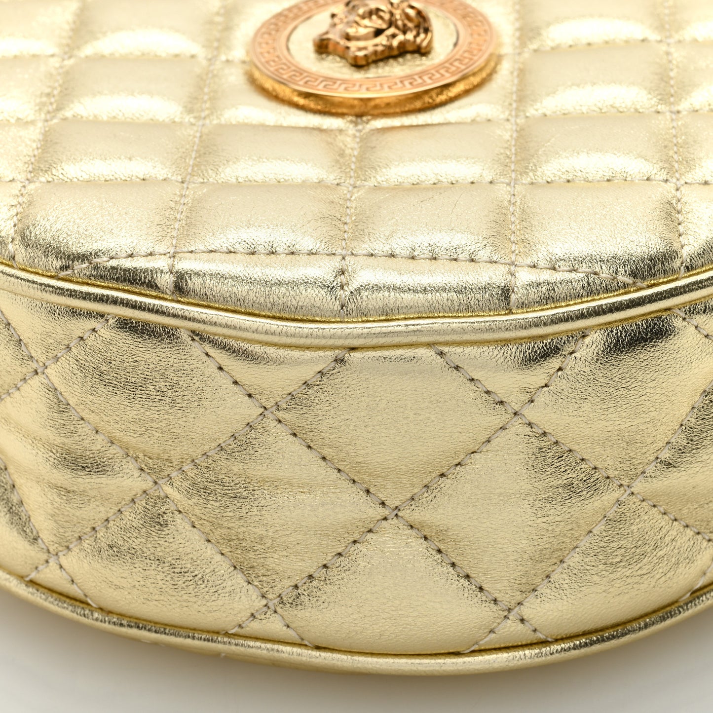 Metallic Nappa Quilted La Medusa Round Camera Bag Gold