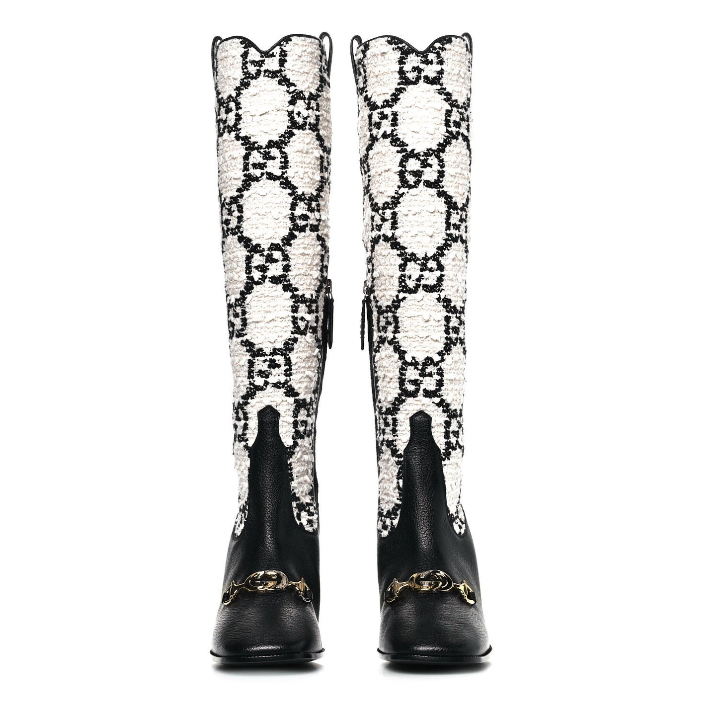 Tweed GG Monogram Wrinkled Kid Zumi Knee Boots 38 Natural Black