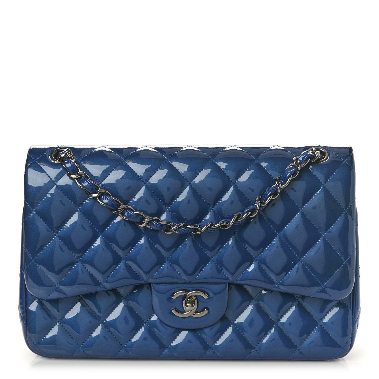 Chanel Patent Calfskin Quilted Jumbo Double Flap Blue 1 of 11